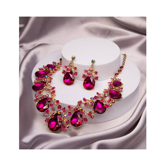 Conjunto de collar de cristal tallado en forma de lágrima con adornos de diamantes de imitación: dorado y fucsia
