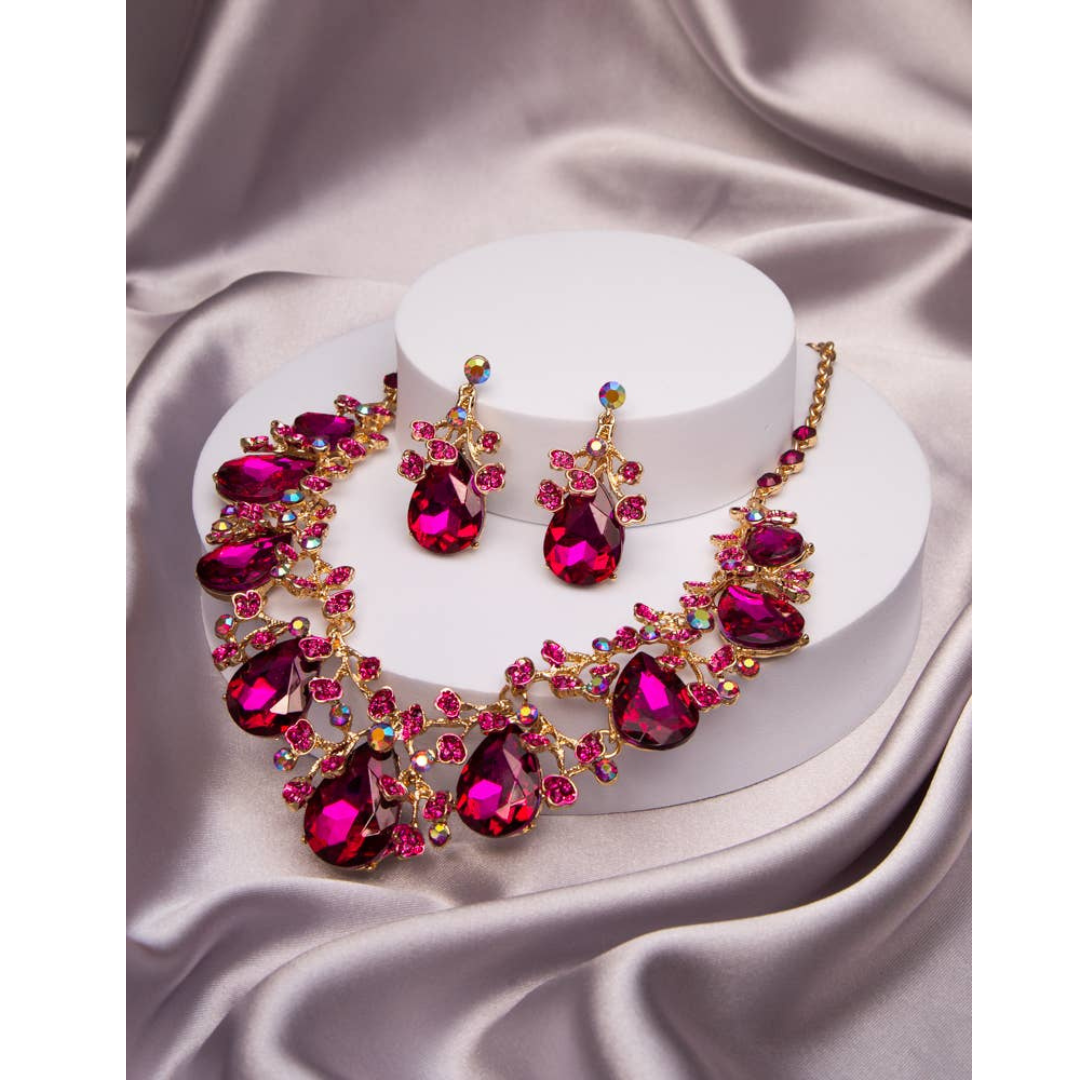 Conjunto de collar de cristal tallado en forma de lágrima con adornos de diamantes de imitación: dorado y fucsia