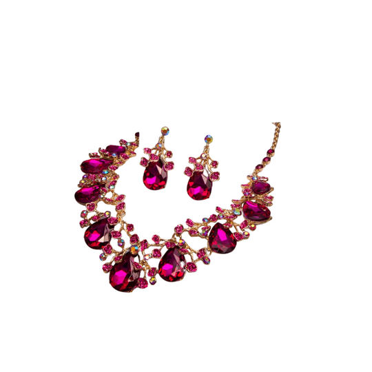Conjunto de collar de cristal tallado en forma de lágrima con adornos de diamantes de imitación: dorado y fucsia