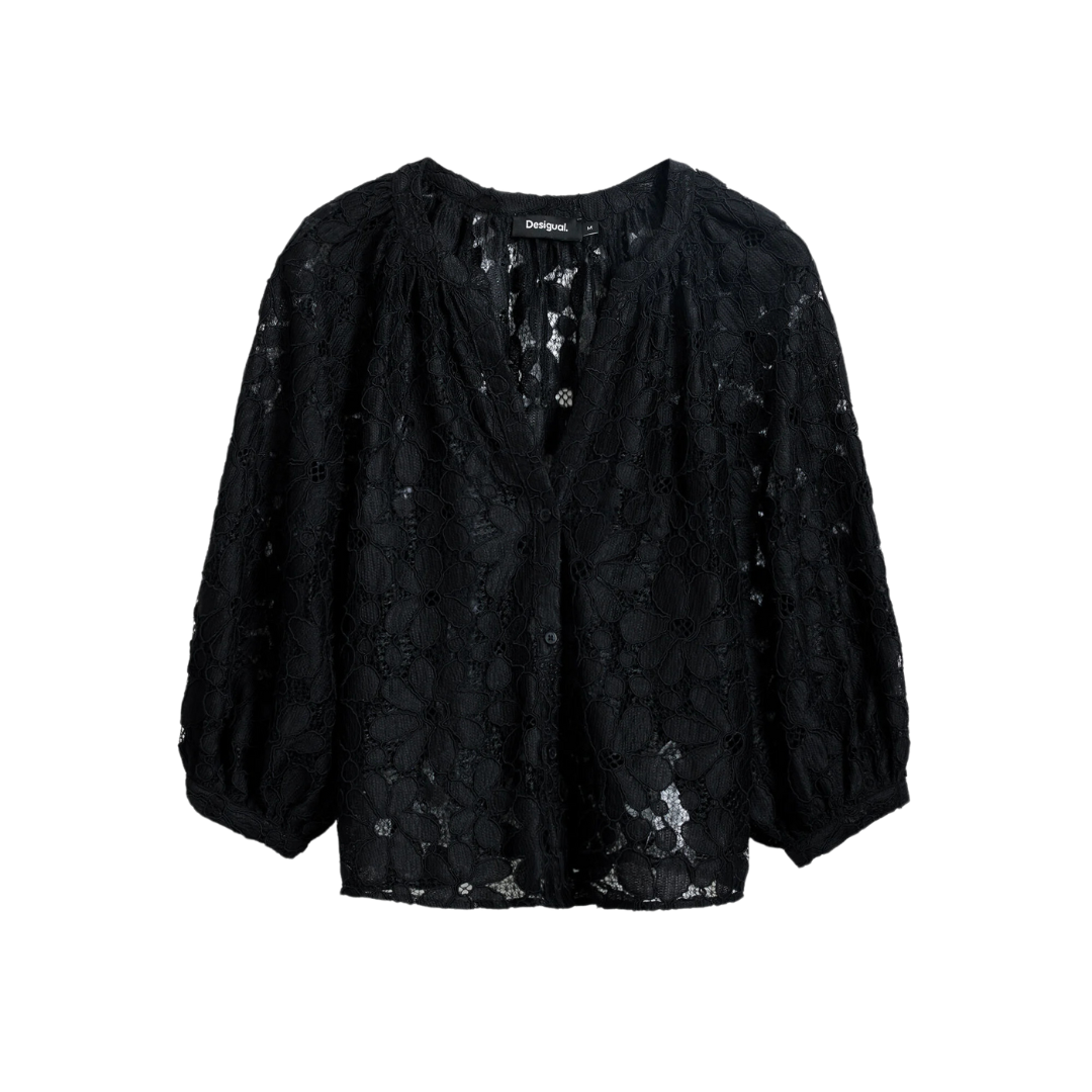 Woman wearing sheer black floral lace blouse with 3/4 sleeves and black tailored trousers – Noir Lace Set