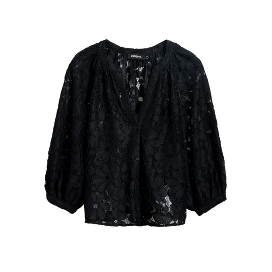 Woman wearing sheer black floral lace blouse with 3/4 sleeves and black tailored trousers – Noir Lace Set