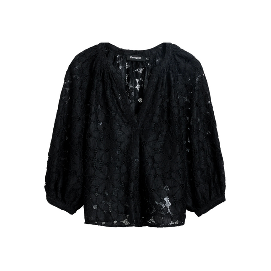 Woman wearing sheer black floral lace blouse with 3/4 sleeves and black tailored trousers – Noir Lace Set