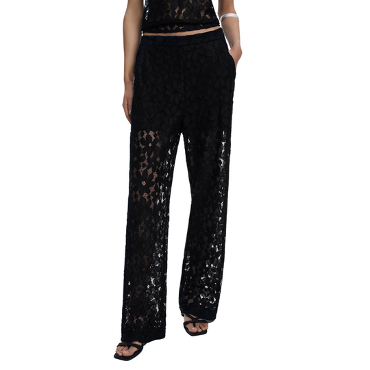 Woman wearing sheer black floral lace blouse with 3/4 sleeves and black tailored trousers – Noir Lace Set