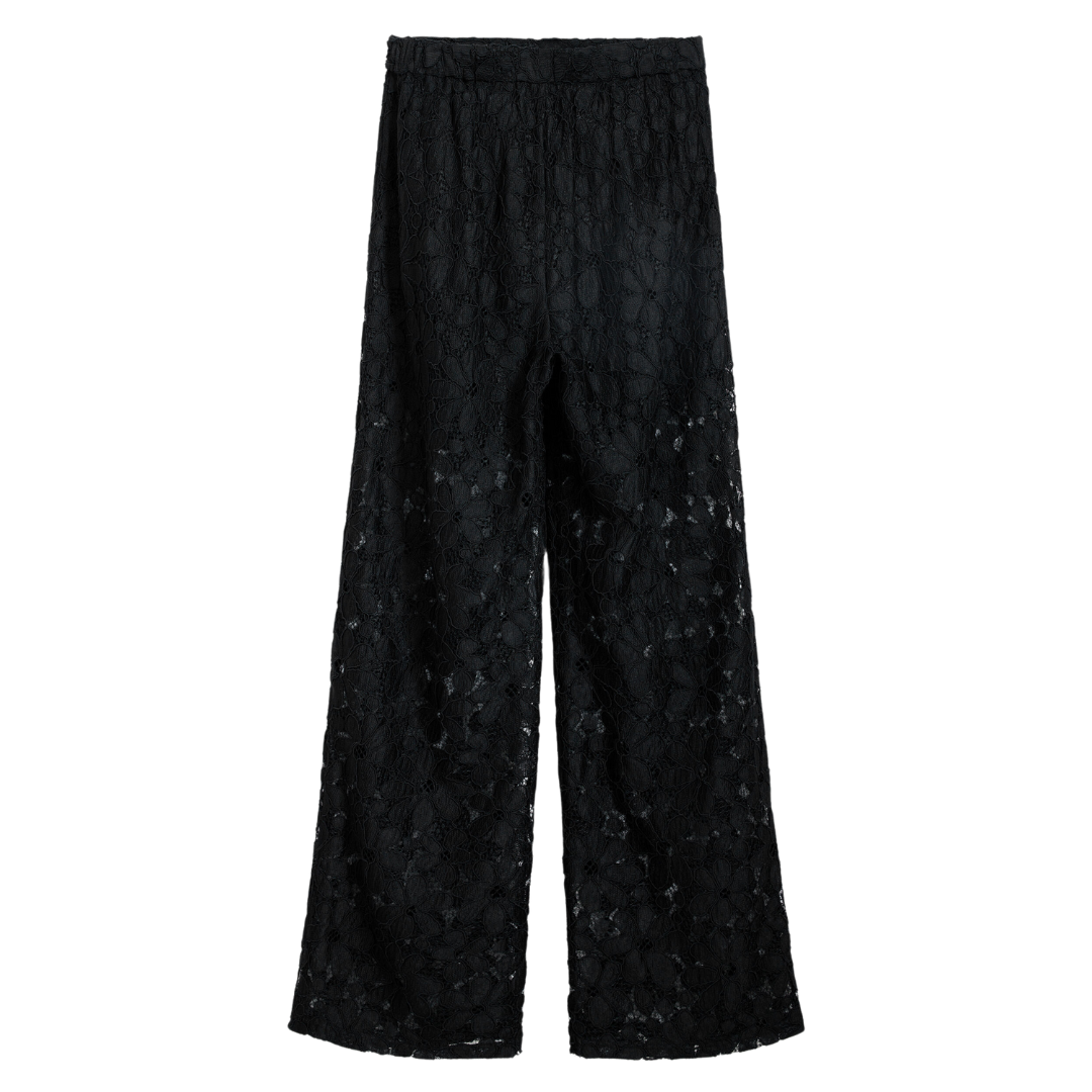 Woman wearing sheer black floral lace blouse with 3/4 sleeves and black tailored trousers – Noir Lace Set