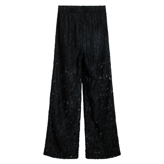 Woman wearing sheer black floral lace blouse with 3/4 sleeves and black tailored trousers – Noir Lace Set