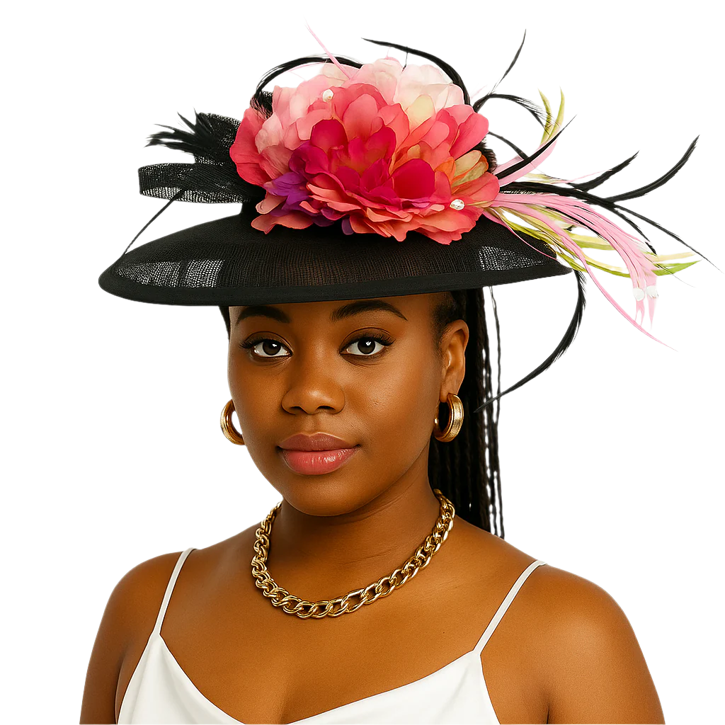 Black brim fascinator with layered pink flower and feather accents, designed by Sandi Jackson – Le’ Diva