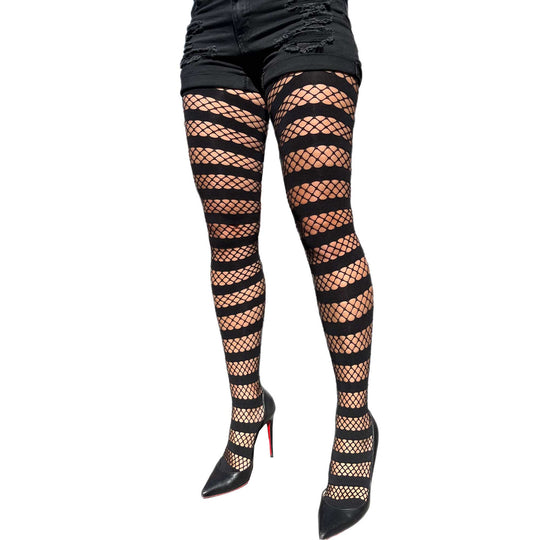 Black Fishnet Opaque Stripe Tights