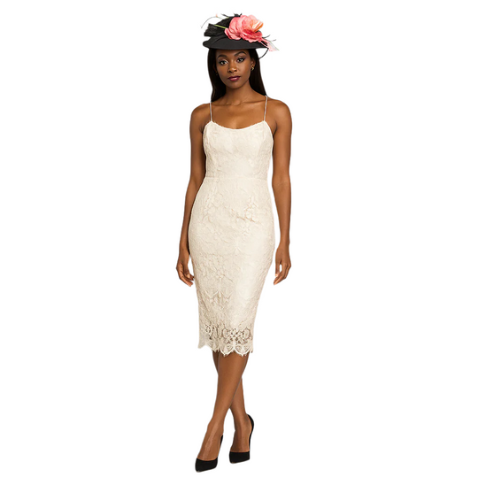 Black brim fascinator with layered pink flower and feather accents, designed by Sandi Jackson – Le’ Diva