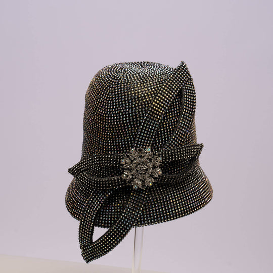 Bell Shape Hat Covered In Rhinestone With Leaf Shape Trim: Black