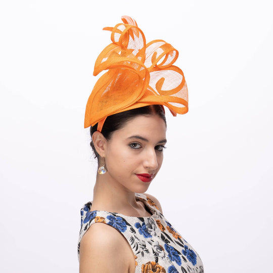 Lilly Shape Sinamay Swirls Feather Fascinator: Orange