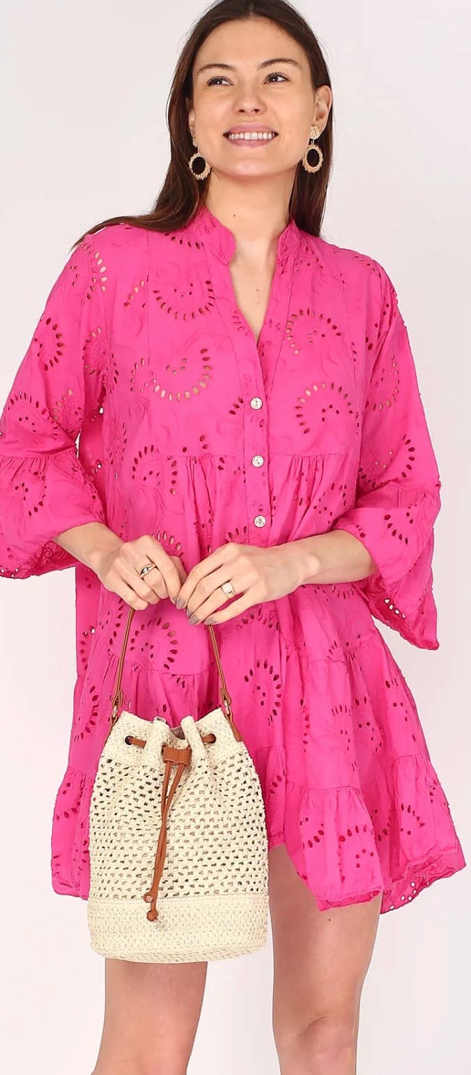English Embroidered Short Dress Billowy Sleeves: Fuchsia