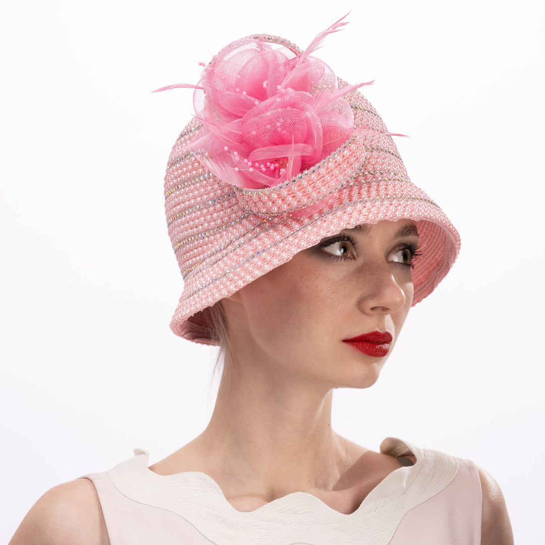 Crinoline Flower And Pearl Decorated Cloche Hat: Ivory