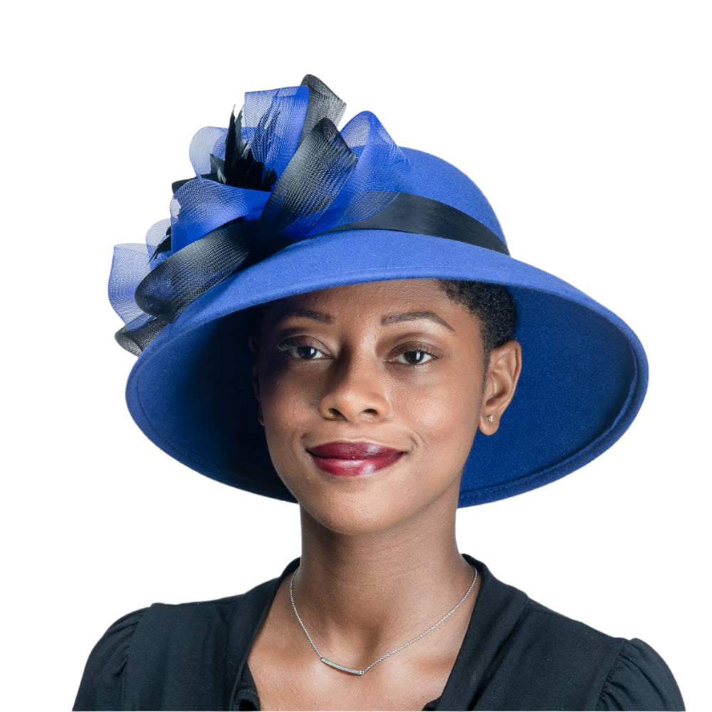 Feather Flower Bow Down Brim Hat: Royal Black
