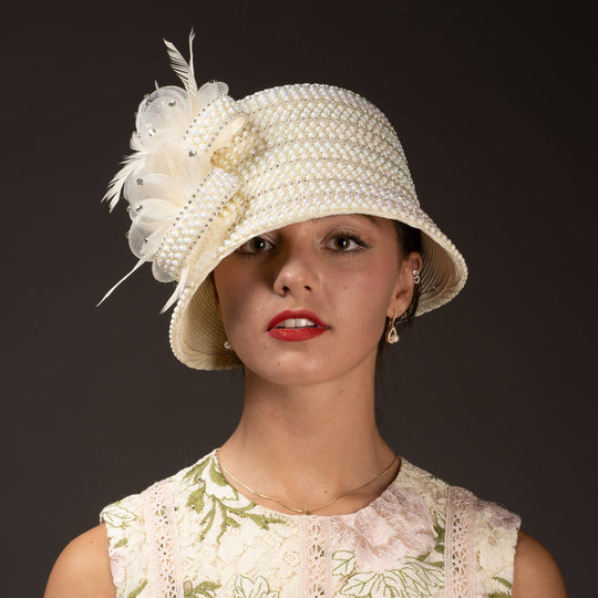 Crinoline Flower And Pearl Decorated Cloche Hat: White