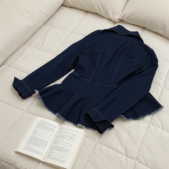 Navy blue jacket on a beige quilt with an open book
