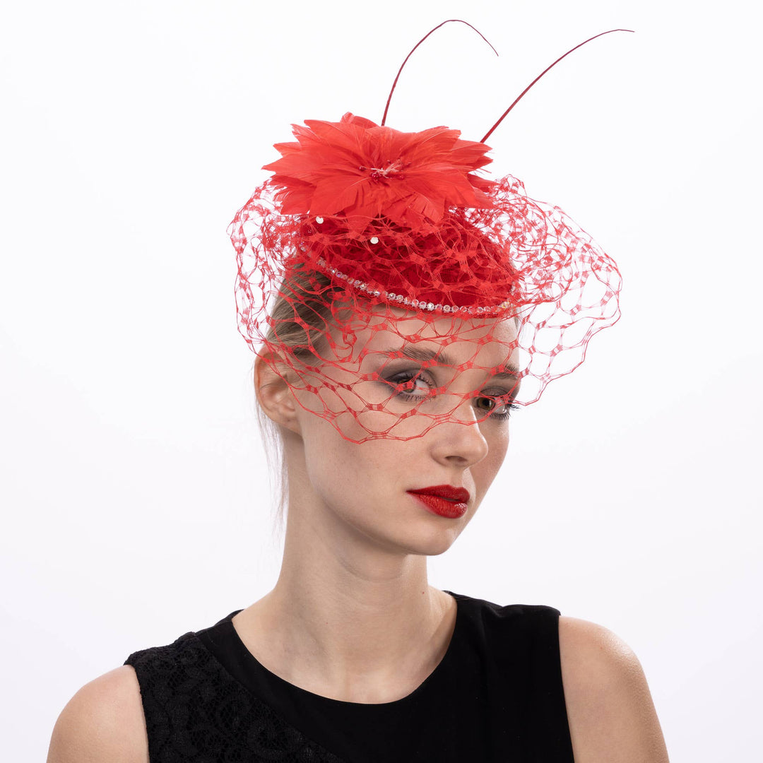 Feather, Veil, Stone Sinamay Fascinator Hair Comb: Red