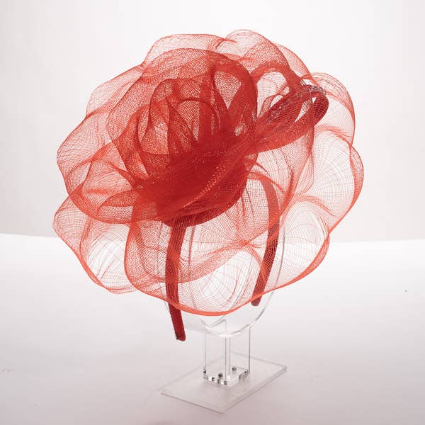 Crinoline Rose Bow & Beaded Trim Headband: Red