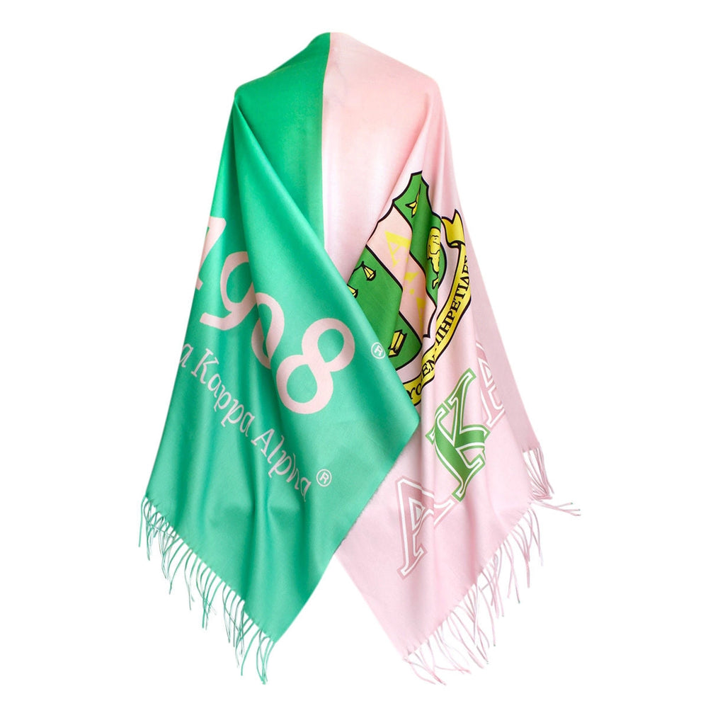Green and pink scarf with Alpha Kappa Alpha symbols on a white background