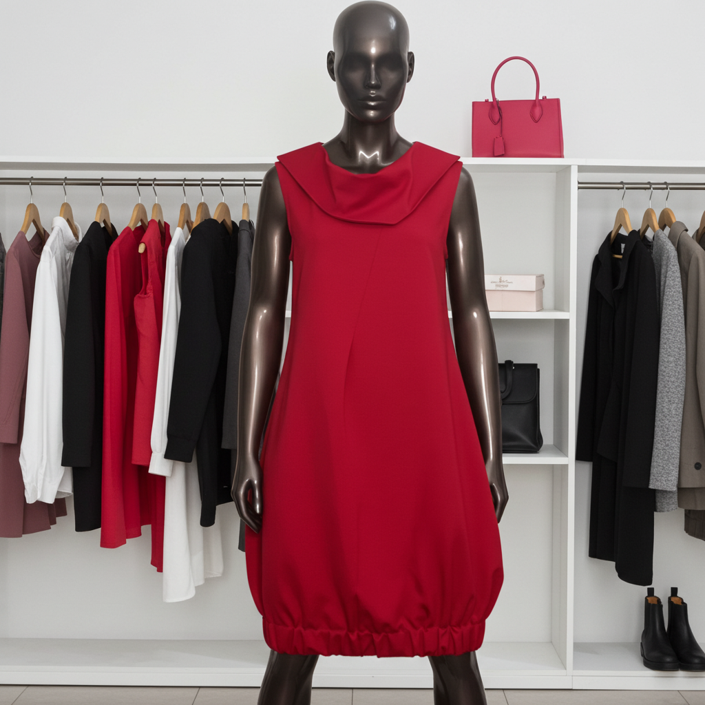Mannequin wearing a red dress with a clothing rack and bags in the background