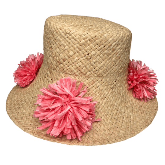 Natural Straw Hat with Pink Pom Pom Detail - Pink
