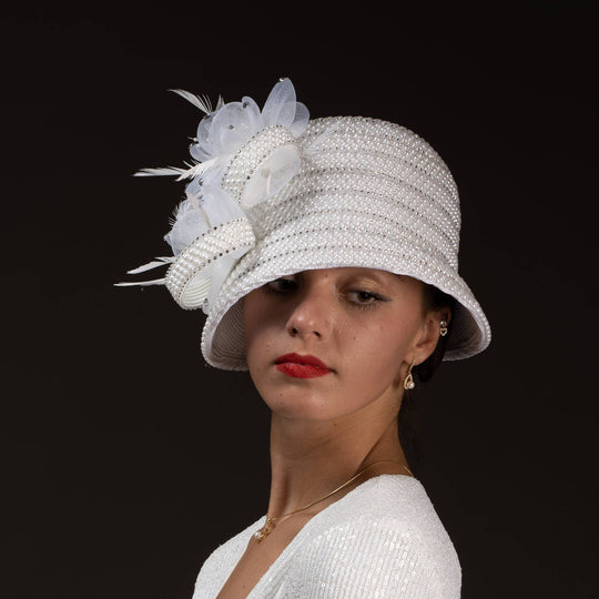 Crinoline Flower And Pearl Decorated Cloche Hat: Black