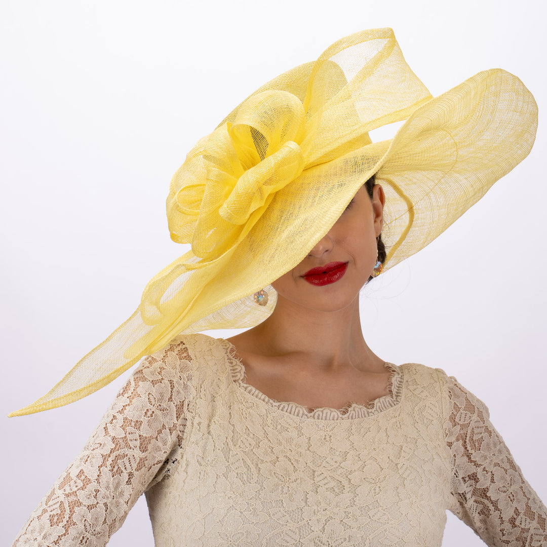 Yellow Sinamay Wide Brim Hat with Abstract Bow
