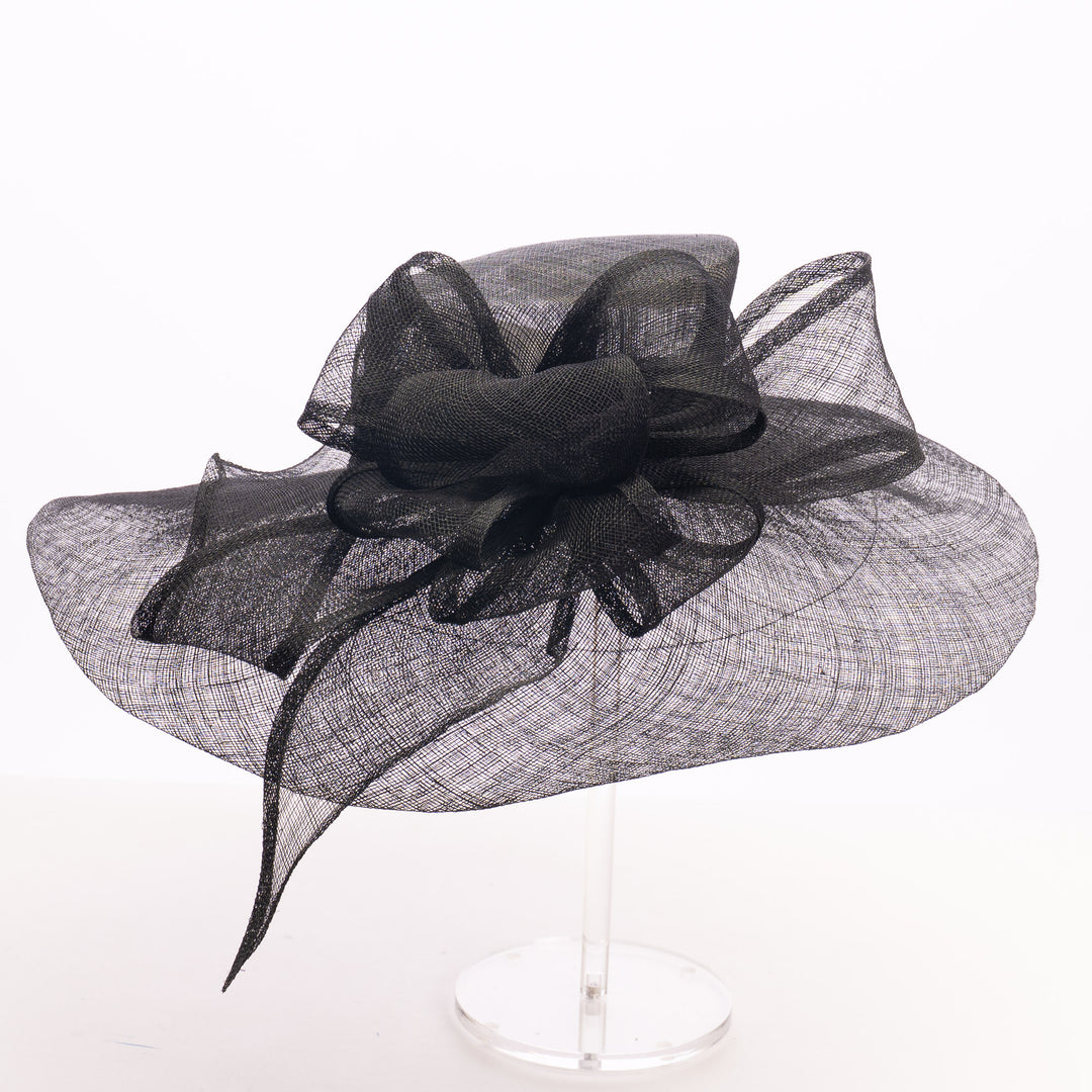 Black Sinamay Wide Brim Hat with Abstract Bow