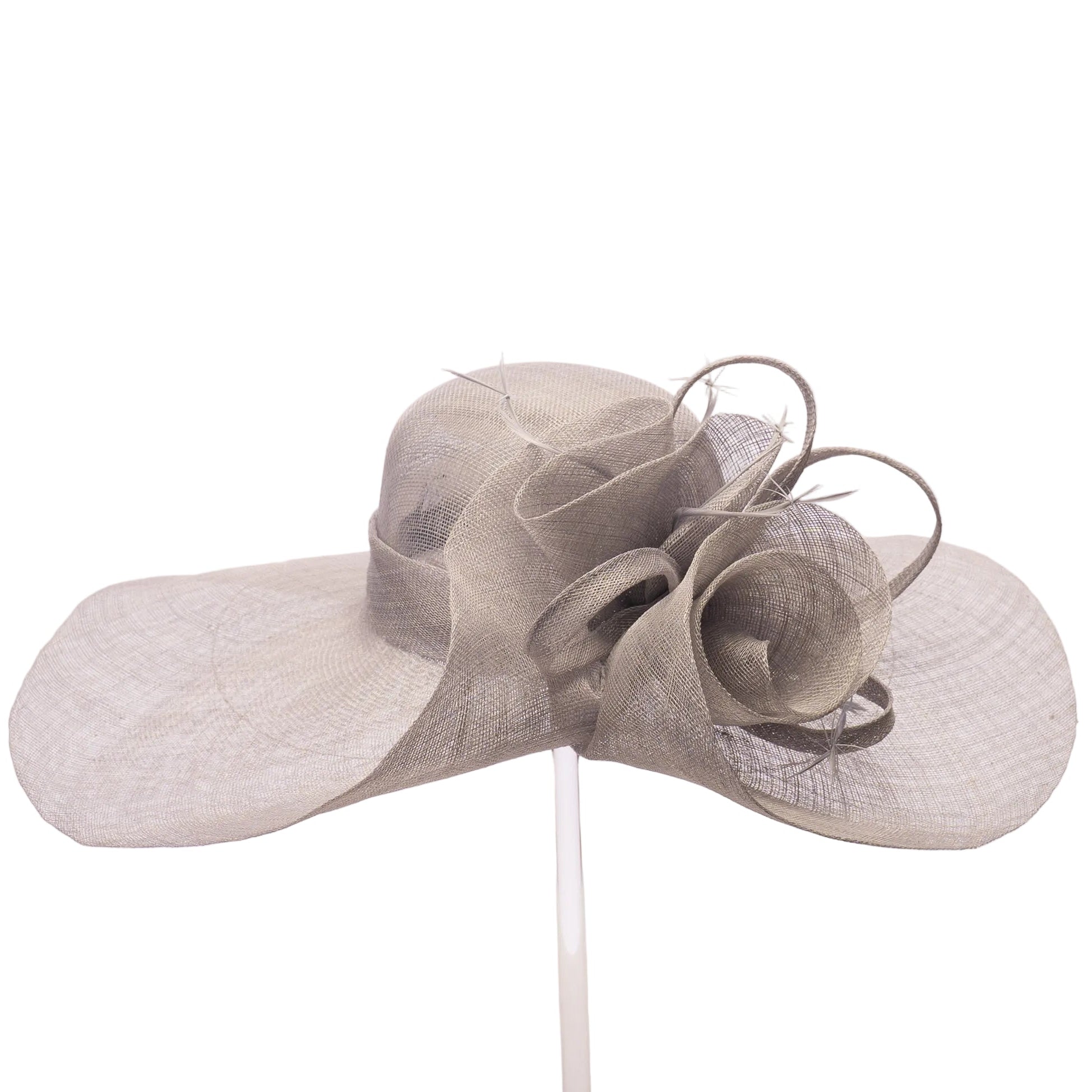 A light gray wide-brimmed fascinator hat made of textured woven material, displayed on a clear stand against a plain white background.