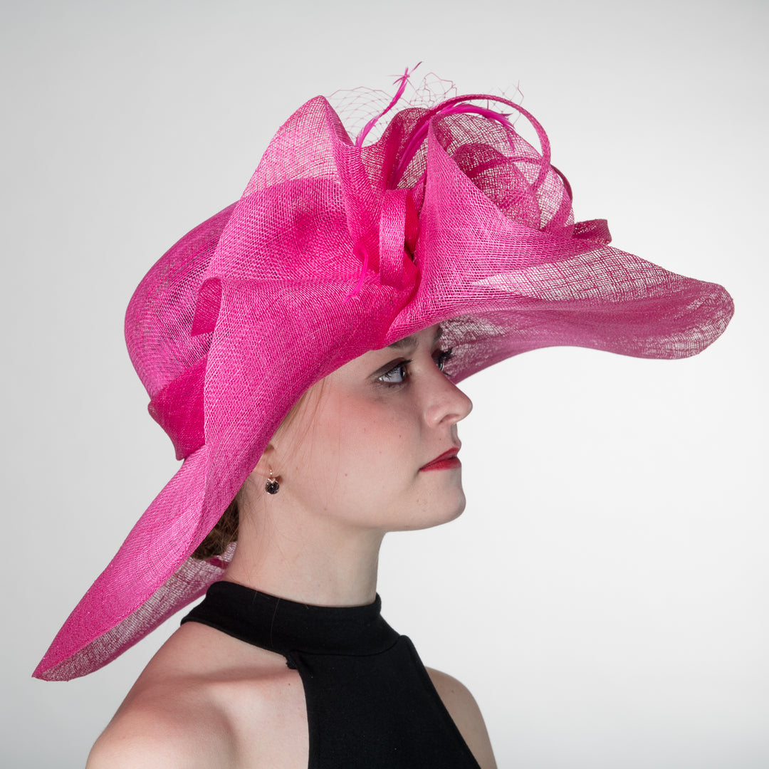 Fuchsia Wide Brim Sinamay Hat with Floral Loop