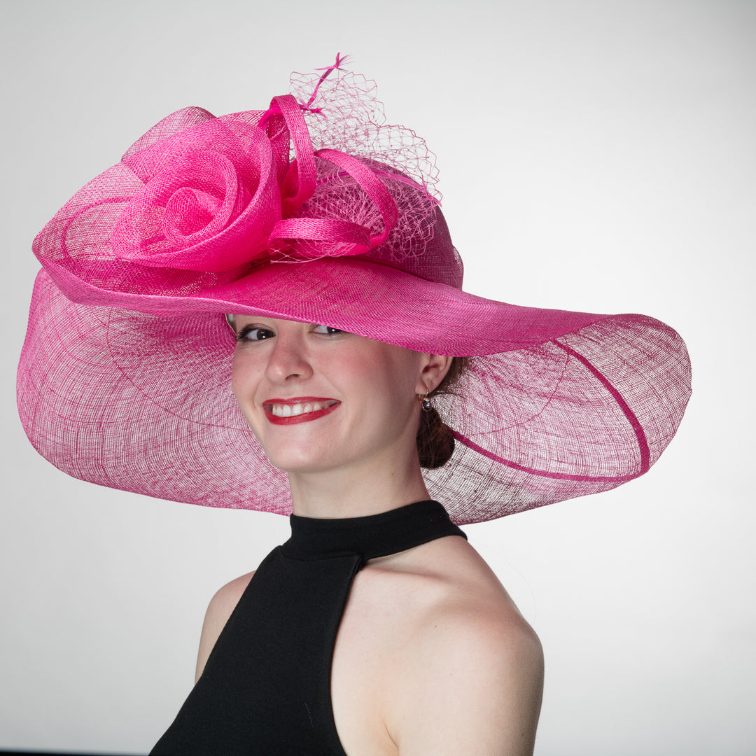 Fuchsia Wide Brim Sinamay Hat with Floral Loop