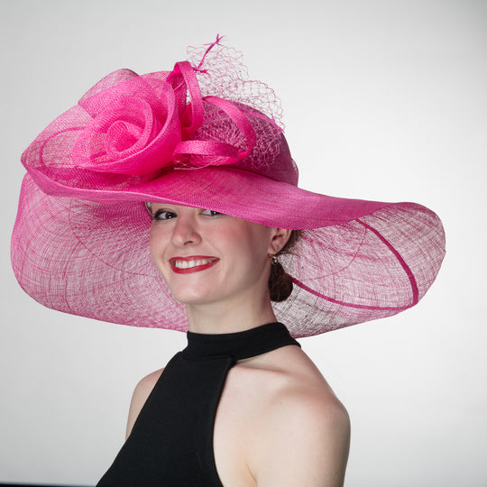 Fuchsia Wide Brim Sinamay Hat with Floral Loop
