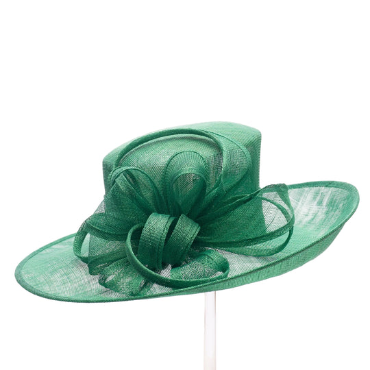 Green decorative hat with a large bow on a white background