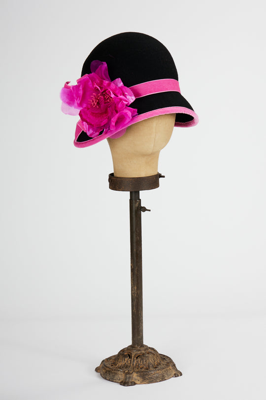 Black & Pink Cloche Hat with Silk & Velvet Trim