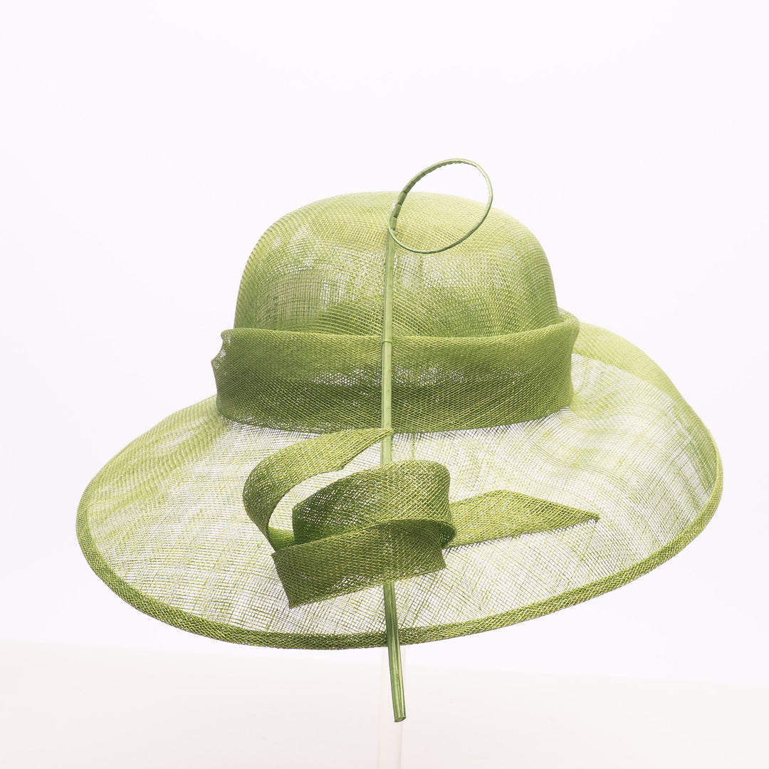 Green Asymmetric Brim Sinamay Hat with Ribbon Detail