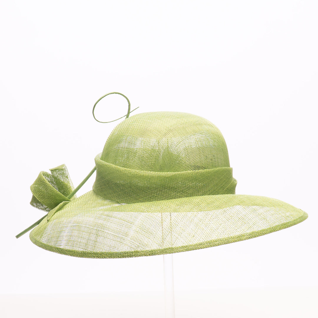 Green Asymmetric Brim Sinamay Hat with Ribbon Detail