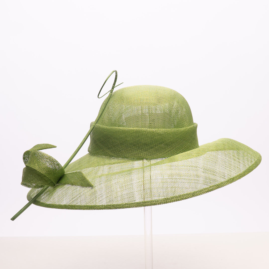 Green Asymmetric Brim Sinamay Hat with Ribbon Detail