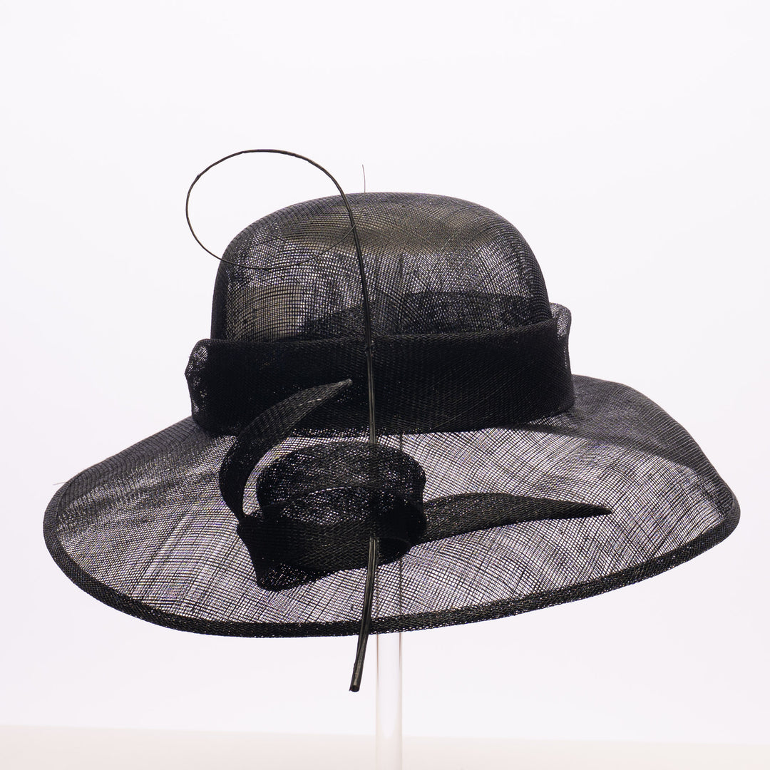 Black Asymmetric Brim Sinamay Hat with Ribbon Detail