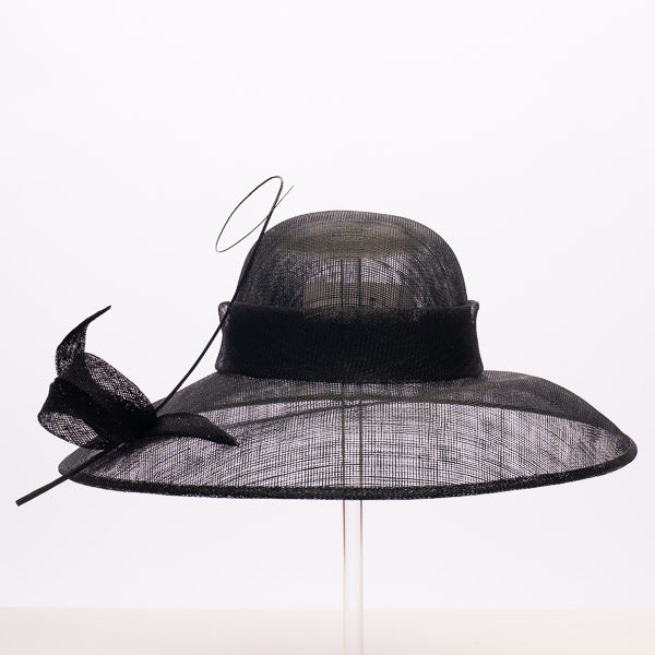 Black Asymmetric Brim Sinamay Hat with Ribbon Detail