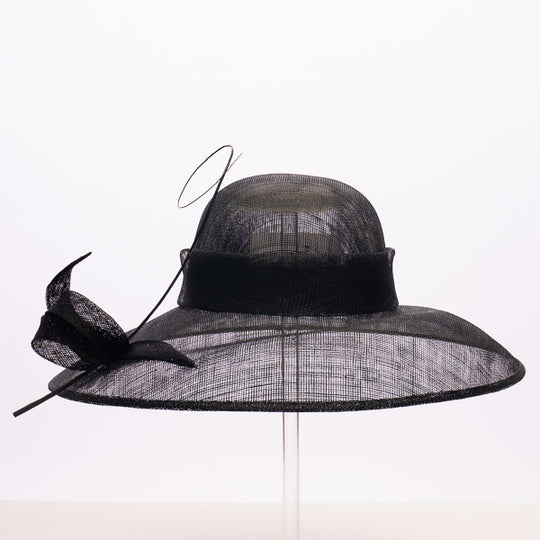 Black Asymmetric Brim Sinamay Hat with Ribbon Detail