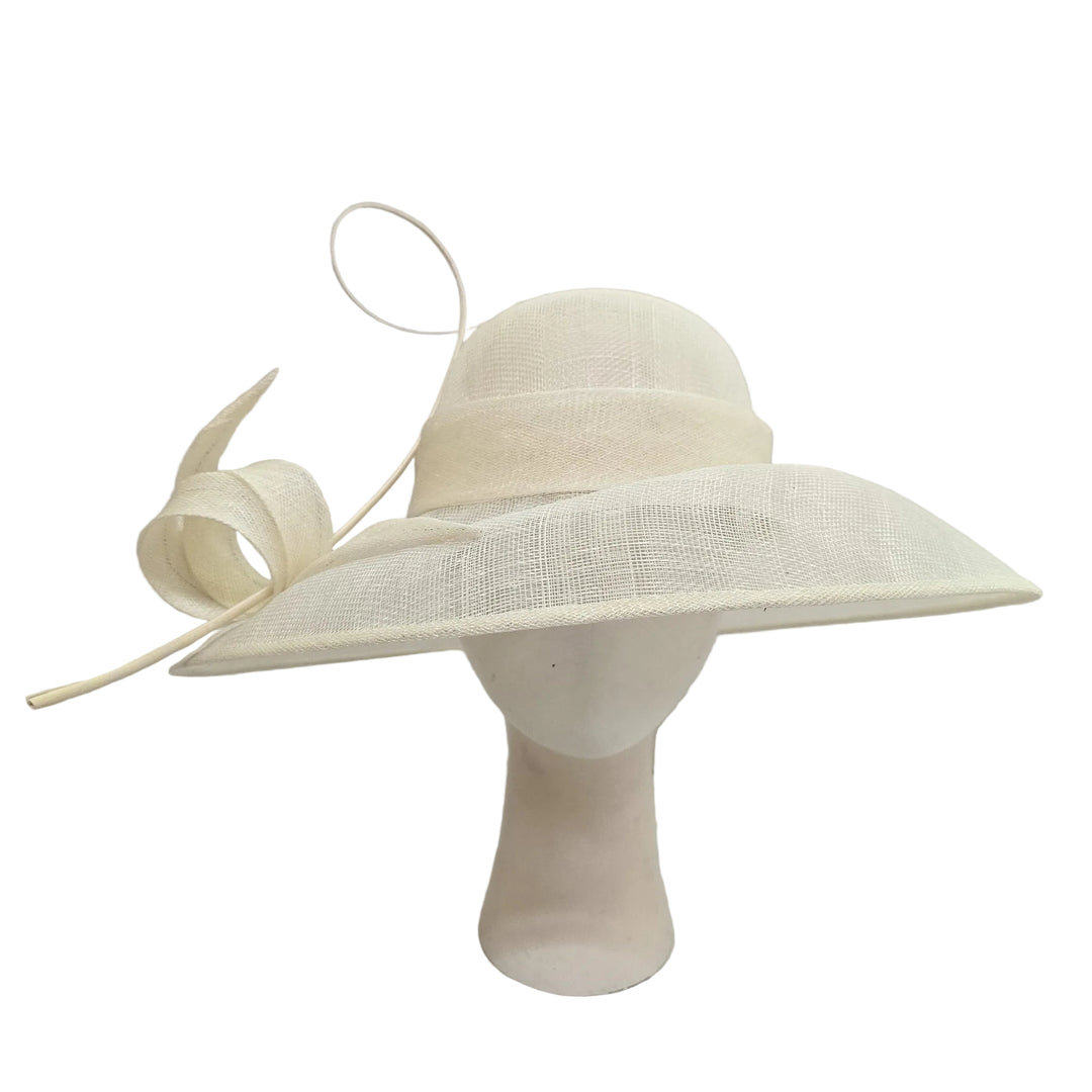 Cream-colored wide-brimmed hat on a mannequin head against a light gray background