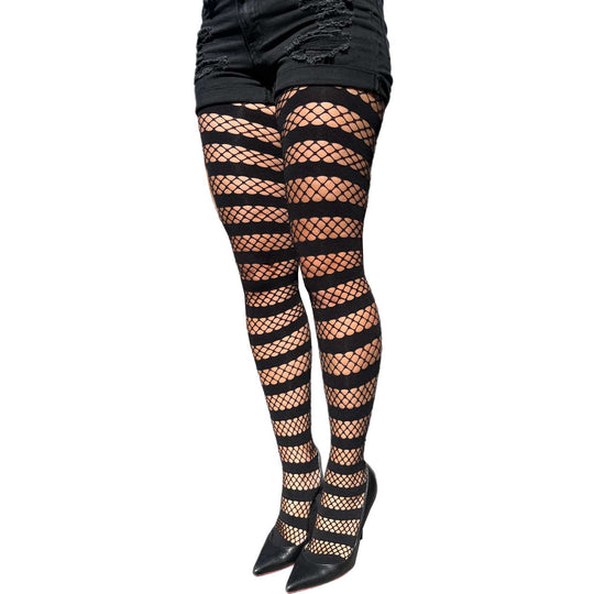 Black Fishnet Opaque Stripe Tights