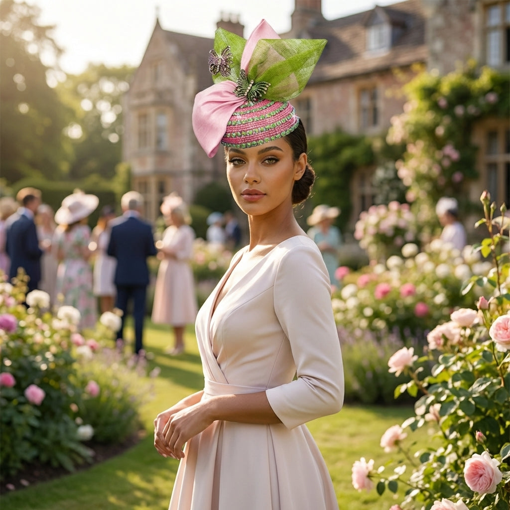 Woman in a beige dress and decorative hat standing in a garden with a building in the background