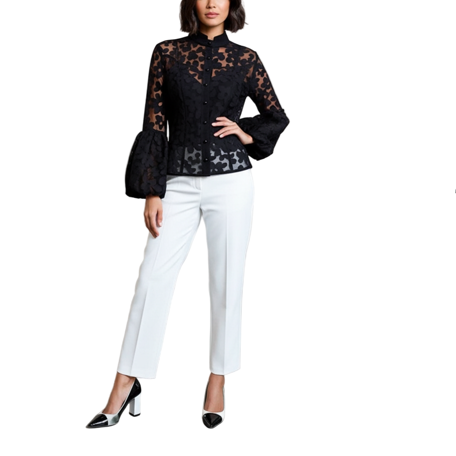 Black Floral Printed Chiffon Blouse with Bell Sleeve