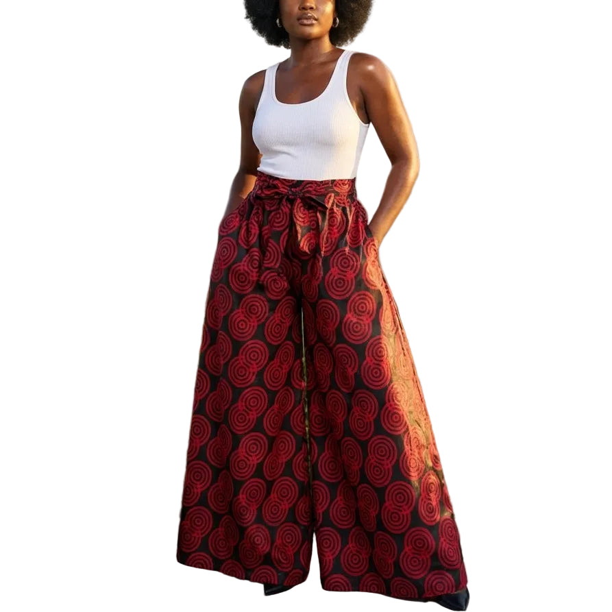 Black and red African print cotton palazzo pants with wide leg silhouette