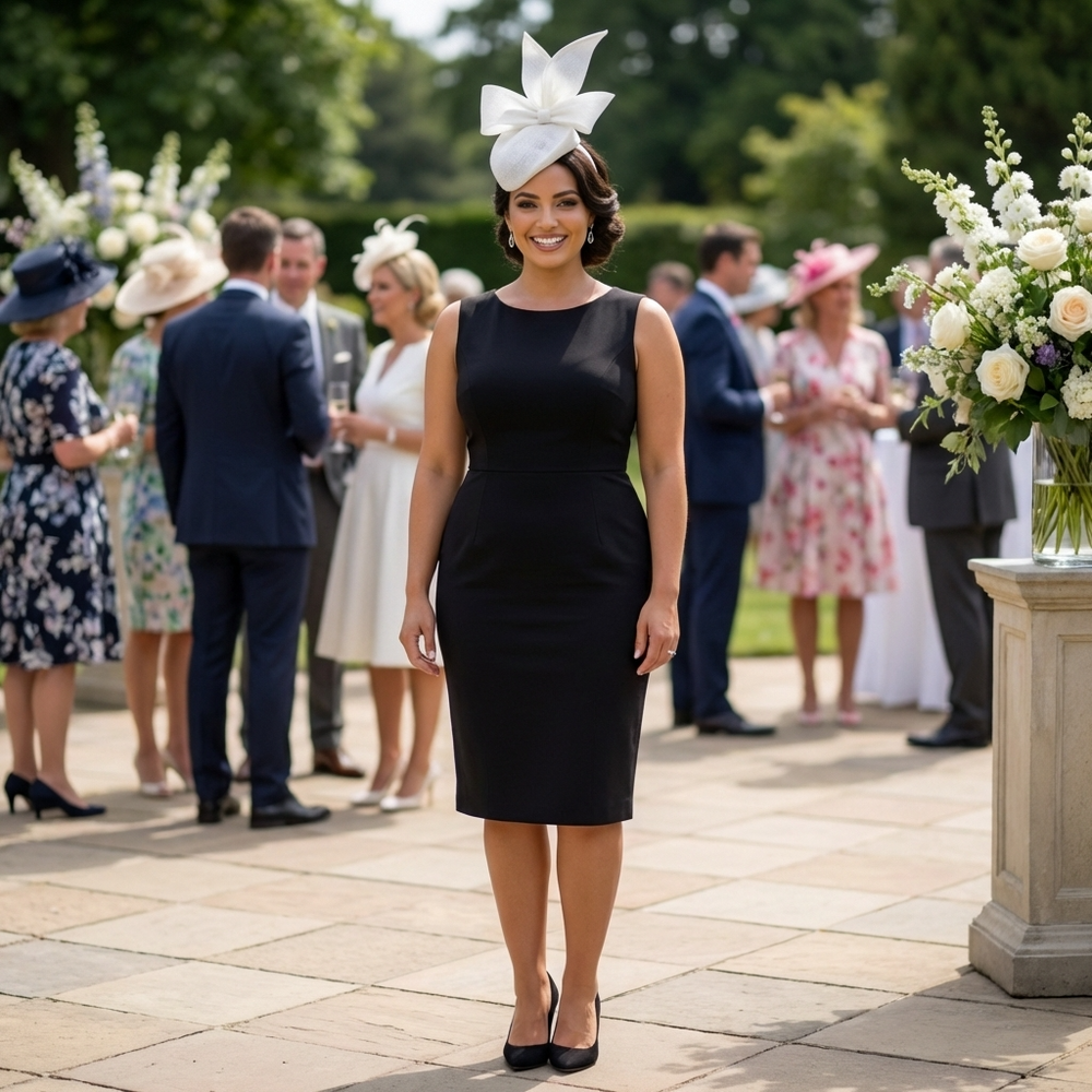 Woman in a black dress and white hat standing outdoors with floral arrangements and people in the background