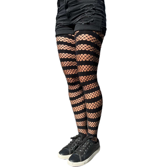 Black Fishnet Opaque Stripe Tights