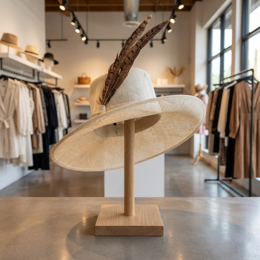 Beige hat with feather on a stand in a clothing store