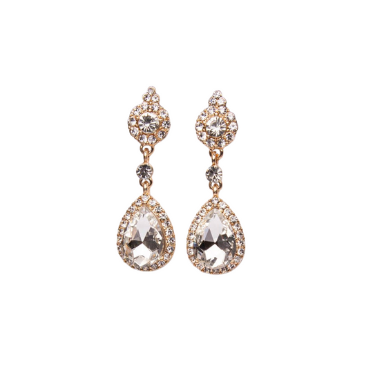Pair of rose gold teardrop earrings with clear gemstones on a white background
