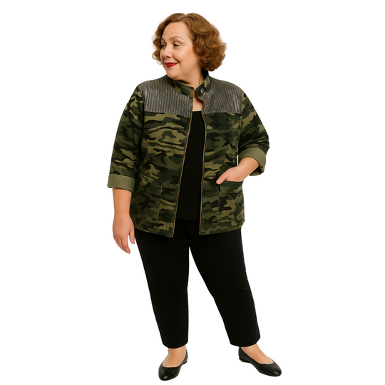 Woman wearing a camouflage jacket on a white background