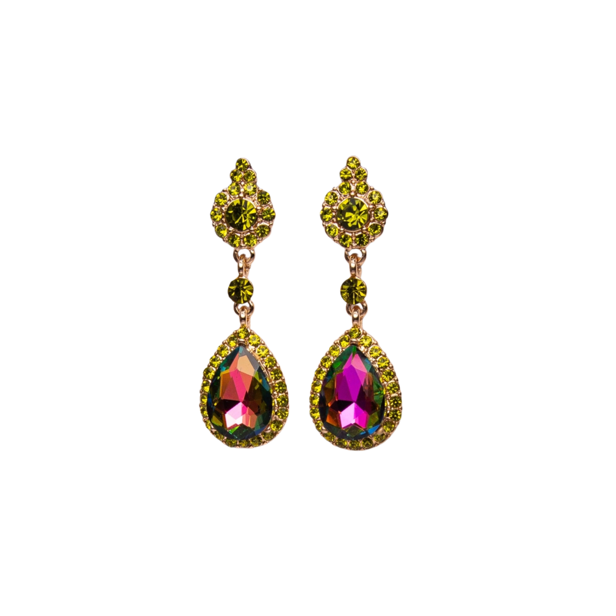 Pair of earrings with colorful gemstones on a white background